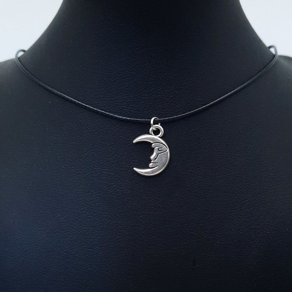 Crescent Moon Celestial Goth Silver Black Cord Choker Necklace Handmade Jewelry